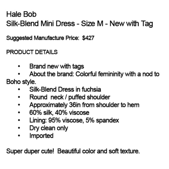 Hale Bob - Silk-Blend Mini Dress - Size M - New with Tag - Picture 3 of 4